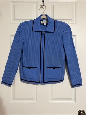 St. John Blue Knit Zip Jacket with Black Trim